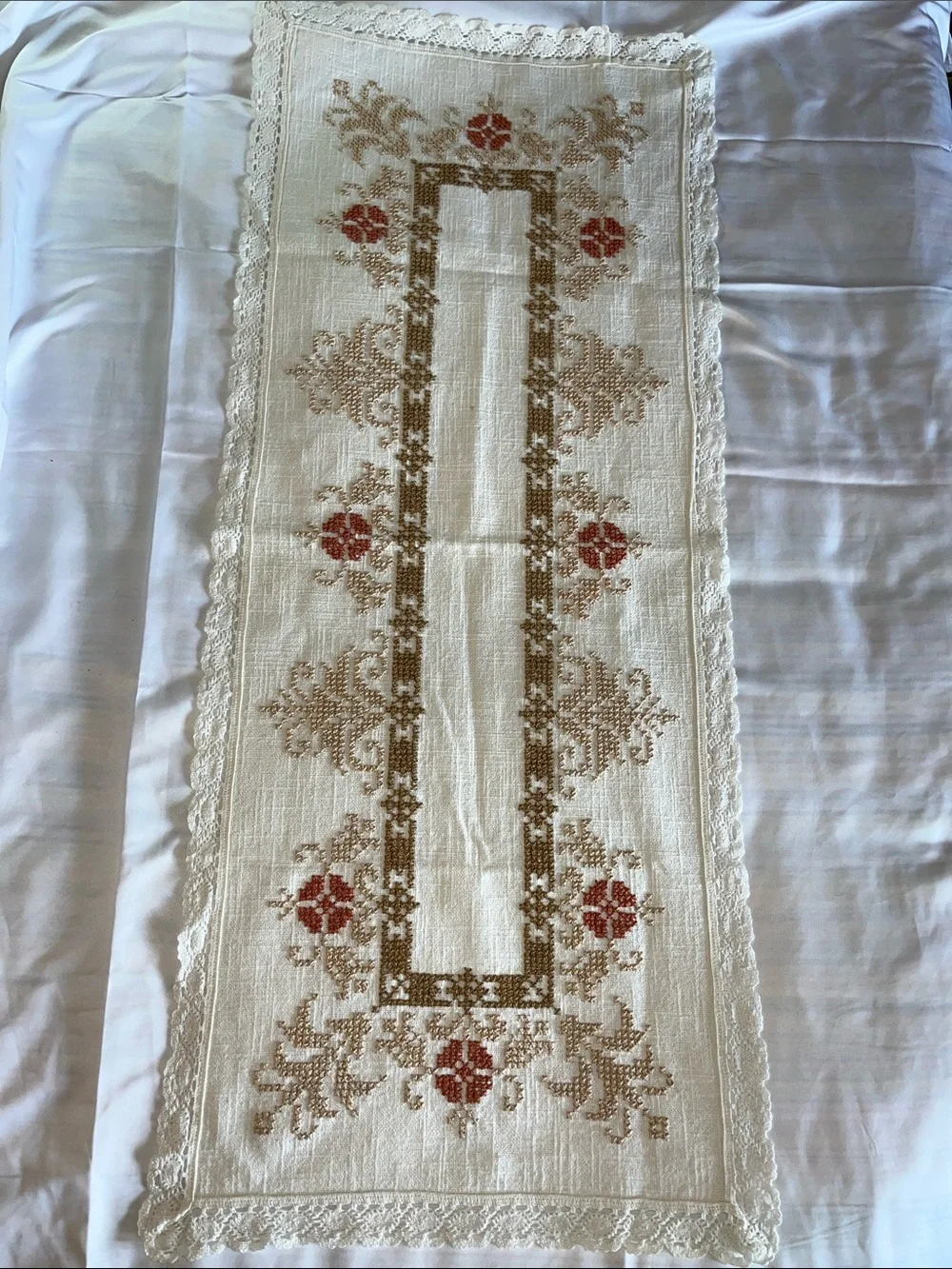 Hand-Embroidered Cream Linen Table Runner with Rust Floral Accents 17” x42”